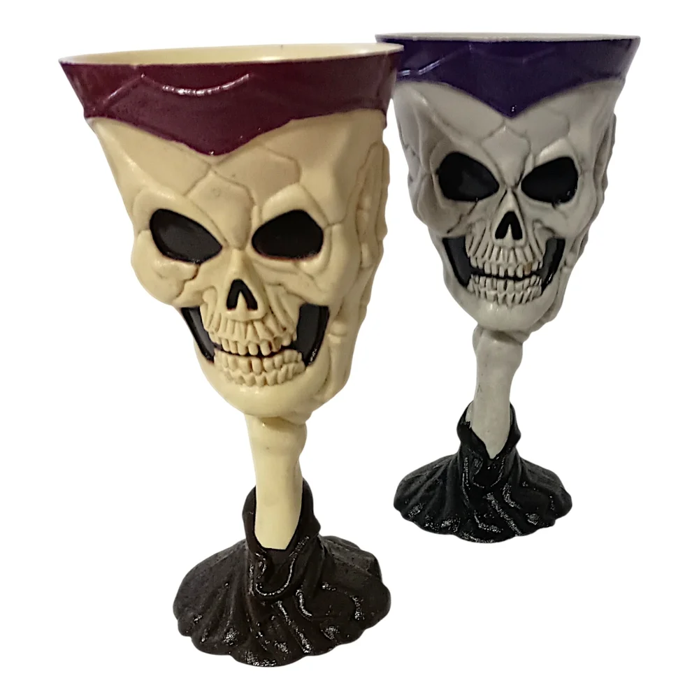 2‎ Easter Unlimited Skull Goblets Skeleton Wine Halloween Bones Cup Glasses Vtg